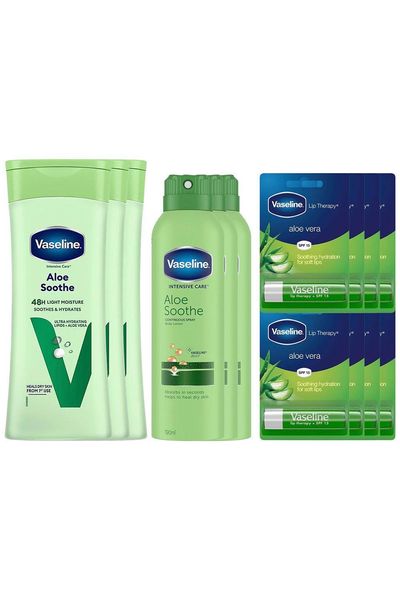 Vaseline Aloe Bundle Lip Therapy 4g, Spray Body Lotion 190ml & Body Lotion 400ml - White