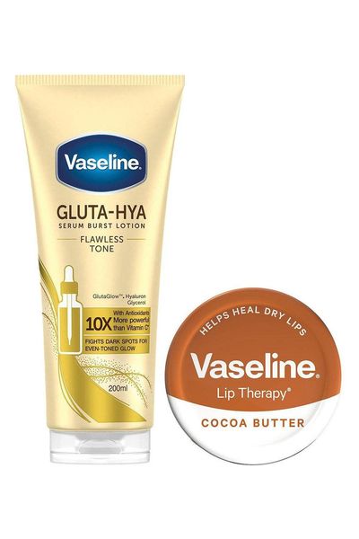 Vaseline Gluta-Hya Flawless Tone Lotion 200ml & Cocoa Lip Balm 20g Duo Set - White