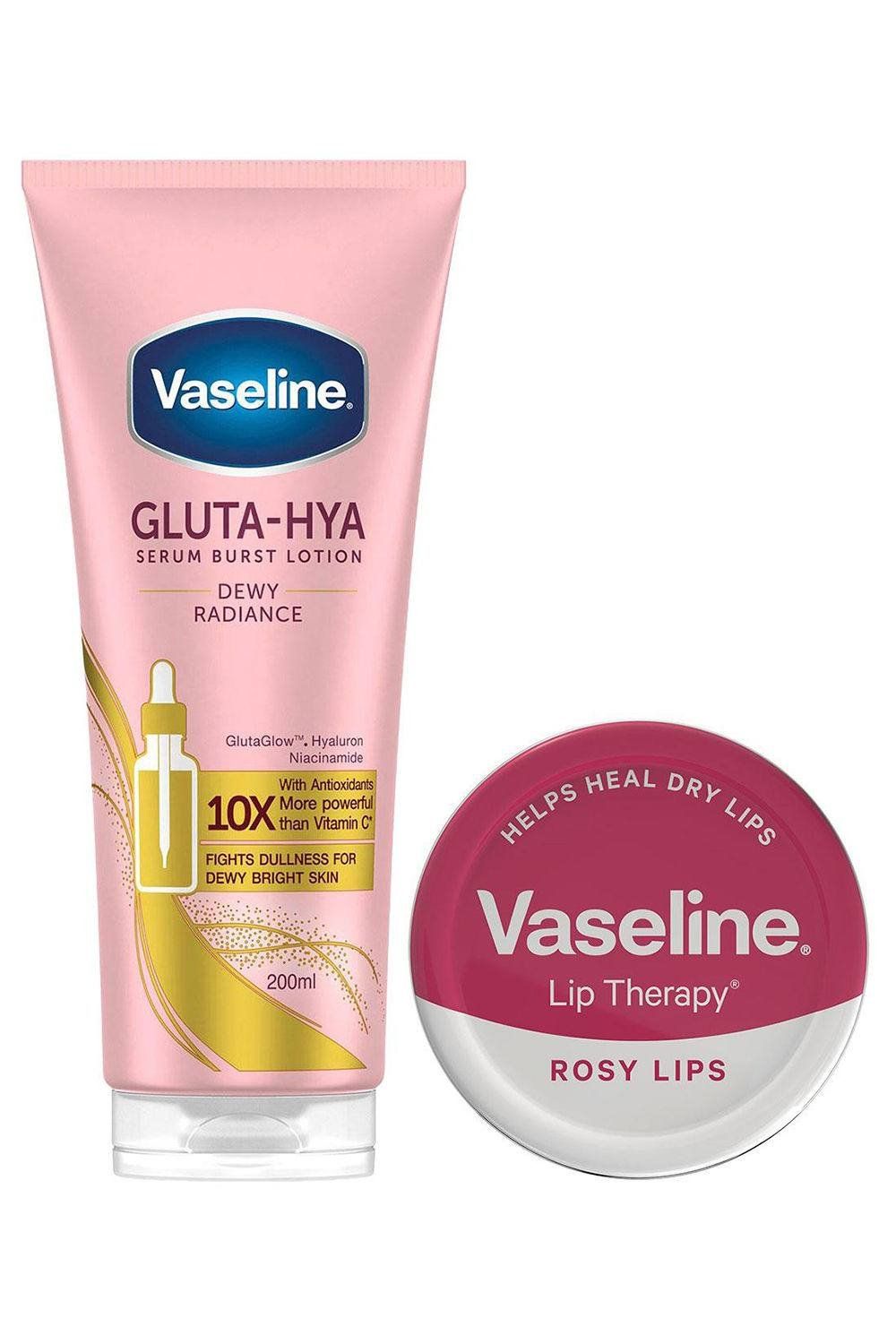 Vaseline Gluta-Hya Dewy Radiance Serum Lotion 200ml & Rosy Lips Therapy 20g - White - Image 1