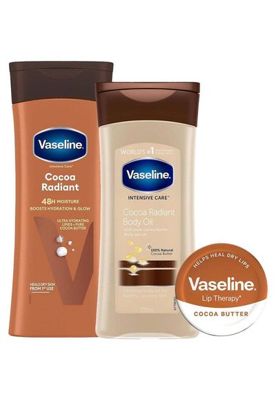 Vaseline Gift Set Cocoa Body Lotion 400ml, Gel Oil 200ml & Lip Therapy 20g - White