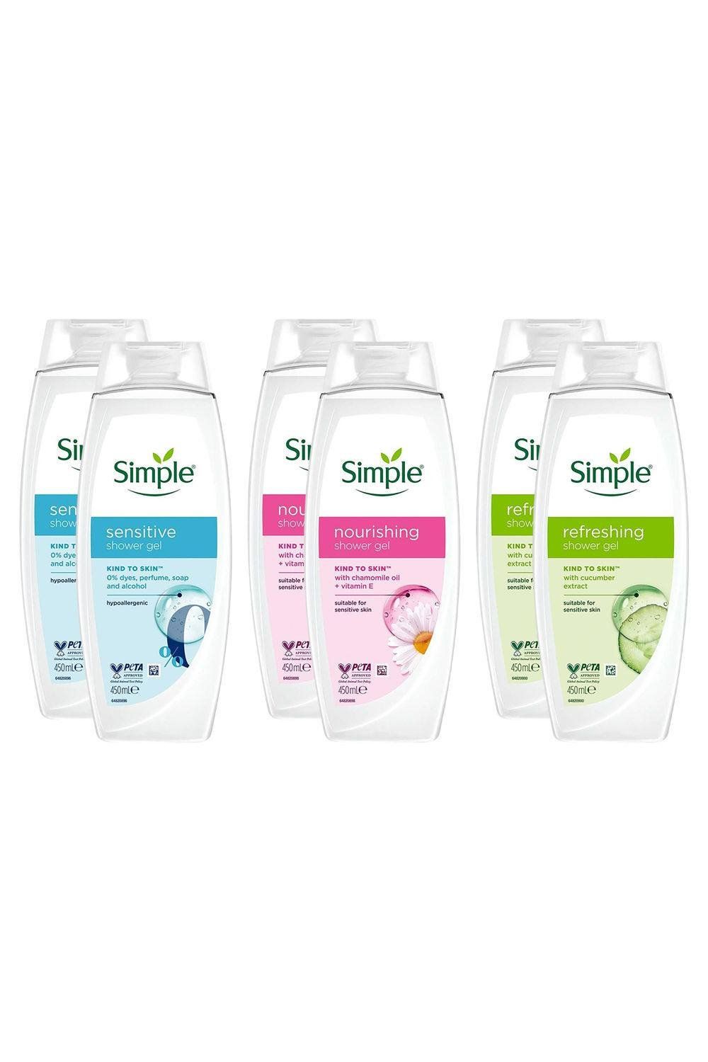 Simple Shower Gel & Shower Cream 450ml Sensitive Skin 6-Pack - White - Image 1
