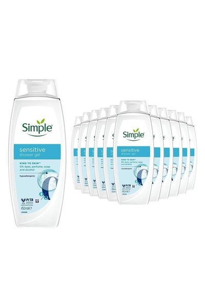 Simple Kind to Skin Sensitive Shower Gel Body Wash Hypoallergenic 450ml, 12 Pack - White