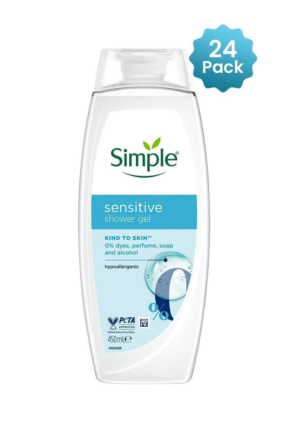 Simple Kind to Skin Sensitive Shower Gel Body Wash Hypoallergenic 450ml, 24 Pack - White - Image 1
