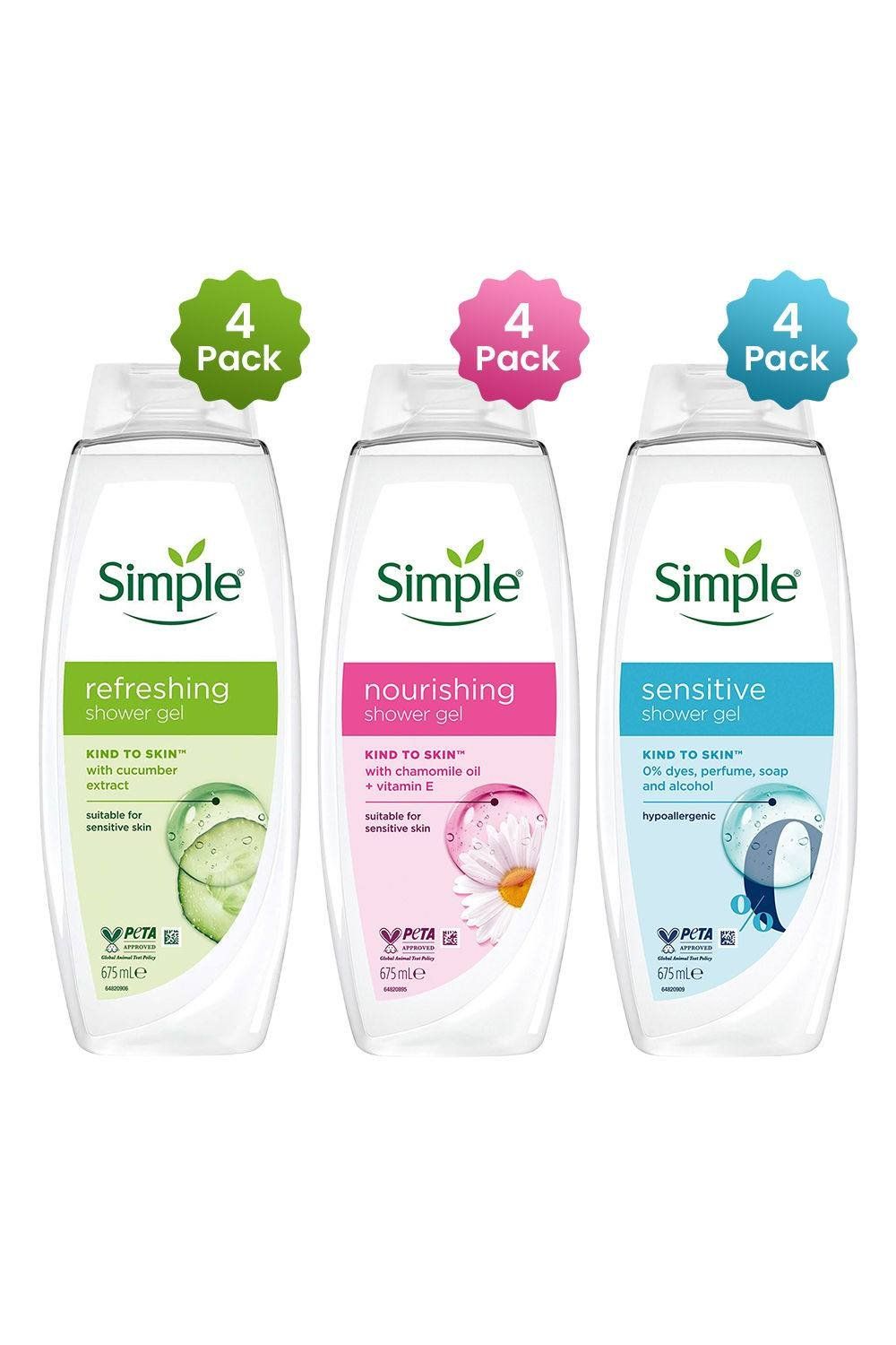 Simple Shower Gel & Shower Cream 675ml Multipack 12 Bottles - White - Image 1