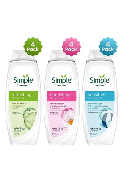 Simple Shower Gel & Shower Cream 675ml Multipack 12 Bottles - White