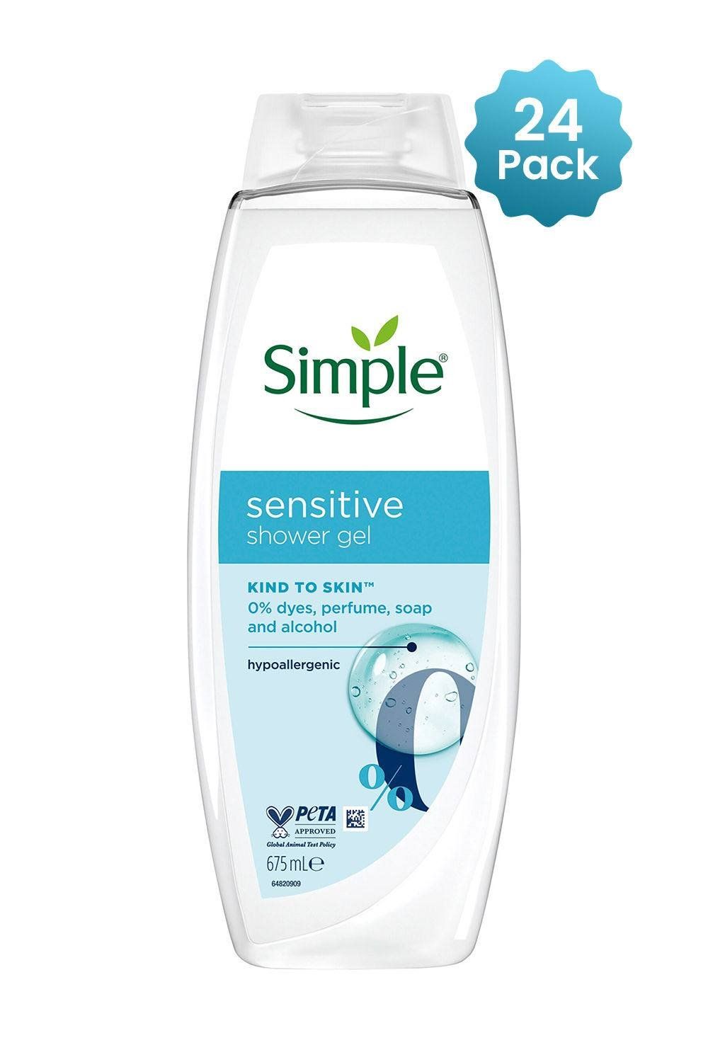 Simple Kind to Skin Sensitive Shower Gel Body Wash Hypoallergenic 675ml, 24 Pack - White - Image 1