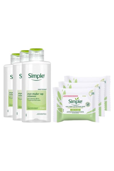 Simple Eye Make-Up Remover 125ml & Remover Pads 3 Pack Bundle - White