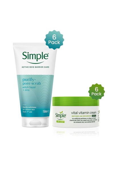 Simple Clear Pore Scrub 150ml & Night Cream 50ml 6-Pack Bundle - White