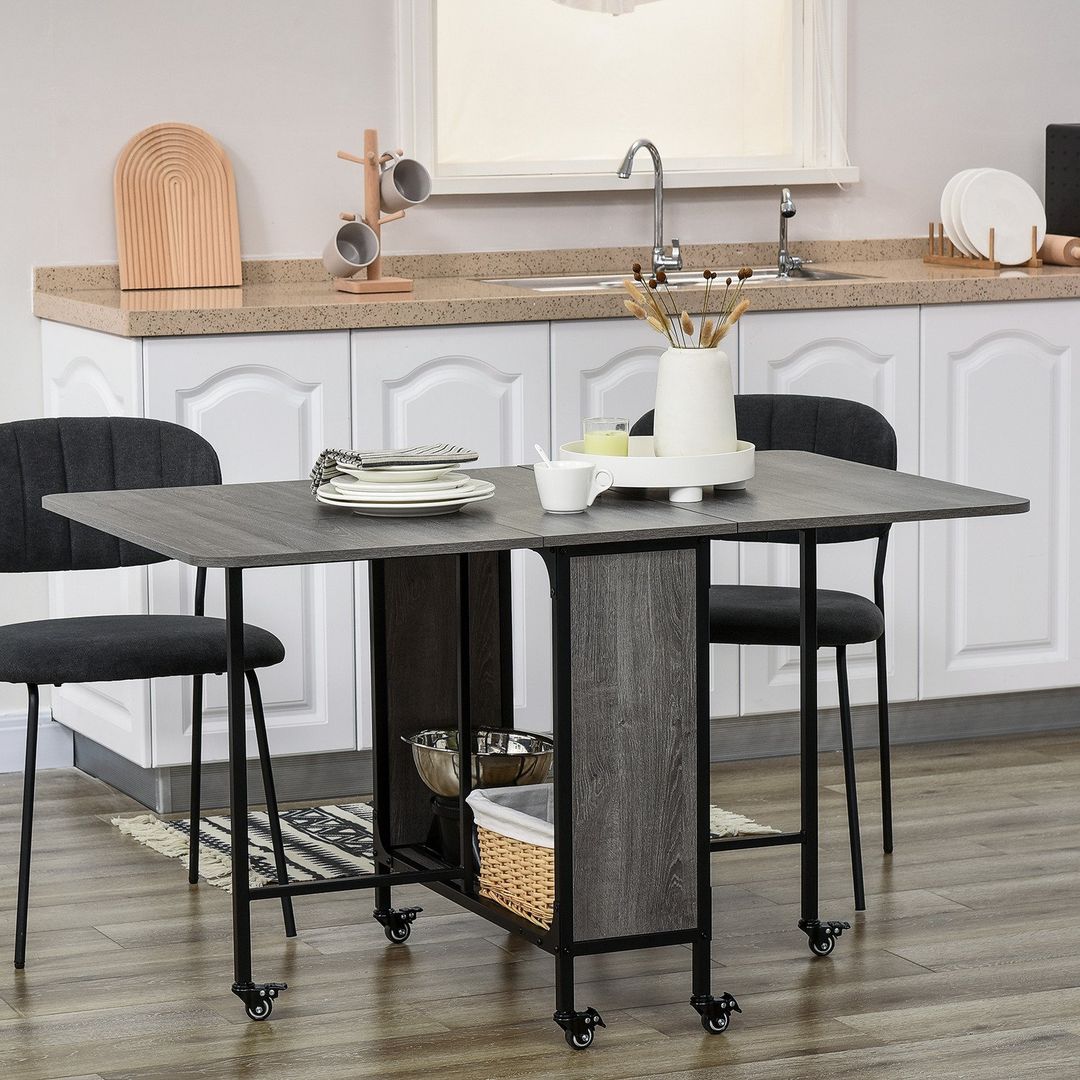HOMCOM Mobile Drop Leaf Table Folding Kitchen Table - Grey - Image 1