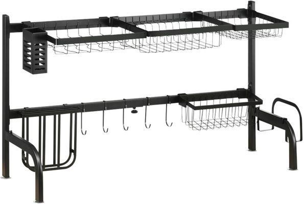 HOMCOM Space Saving 2 Tier Adjustable Over The Sink Dish Drying Rack - Black