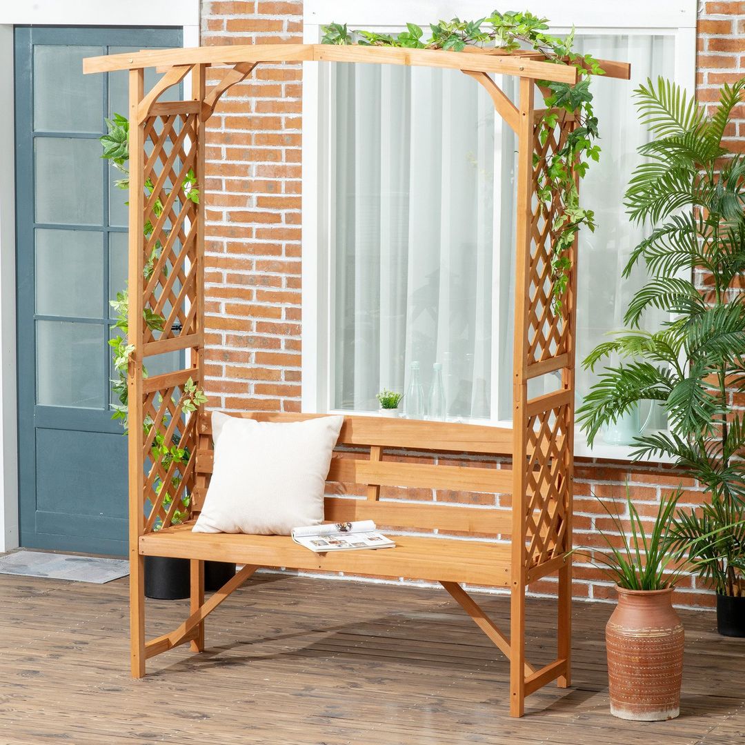 Outsunny Arch Pergola with Seat Garden Bench - Brown - Image 1