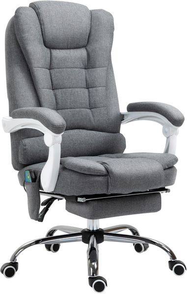 Heated Massage Office Chair with 6 Vibration Points Recliner - Grey - Adjustable Seat Height & Backrest, Retractable Footrest & Linkage Armrests