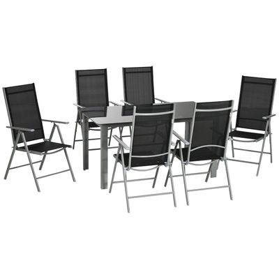 Outsunny 7 Piece Garden Dining Set, Table and 6 Folding Chair - Black