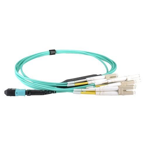 Cablenet 10m OM4 MPO (F) to 4X LC (DX) QSFP Breakout Aqua Cable Method - Image 1