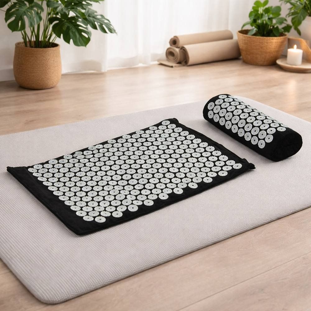 Acupressure Mat & Pillow Set Travel Bag Back Neck Pain Relief Massage Therapy - Black - Image 1