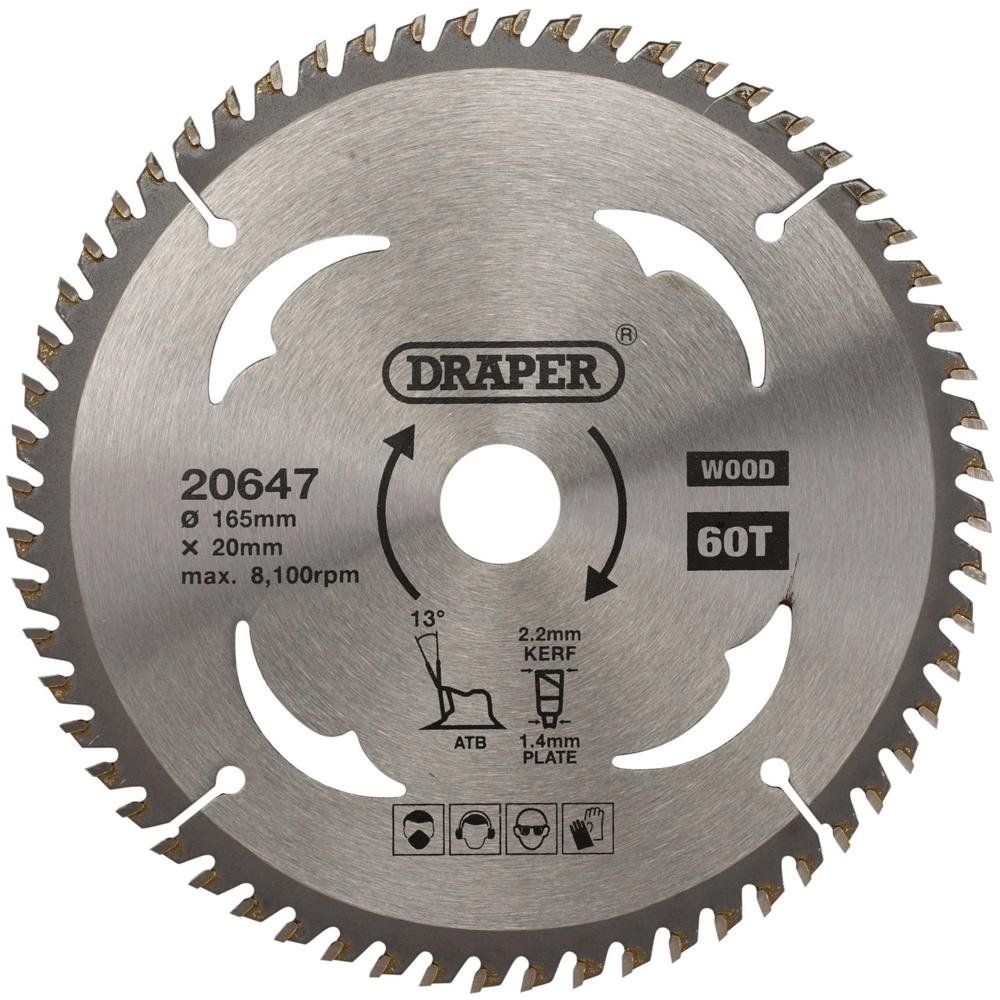 Draper 20647 Tct Circular Saw Blade For Wood 165 X 20Mm 60T each 1 - Image 1