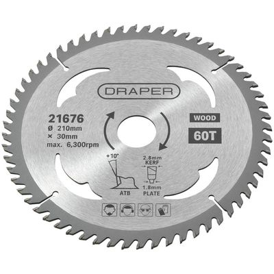 Draper 21676 Tct Circular Saw Blade For Wood 210 X 30Mm 60T each 1