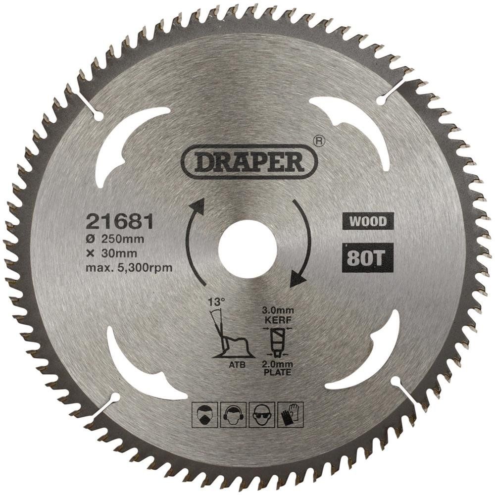 Draper 21681 Tct Circular Saw Blade For Wood 250 X 30Mm 80T each 1 - Image 1