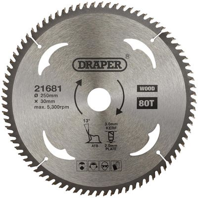 Draper 21681 Tct Circular Saw Blade For Wood 250 X 30Mm 80T each 1
