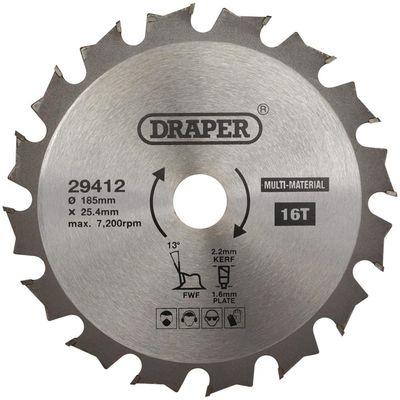 Draper TCT Multi-Purpose Circular Saw Blade, 185 x 25.4mm, 16T