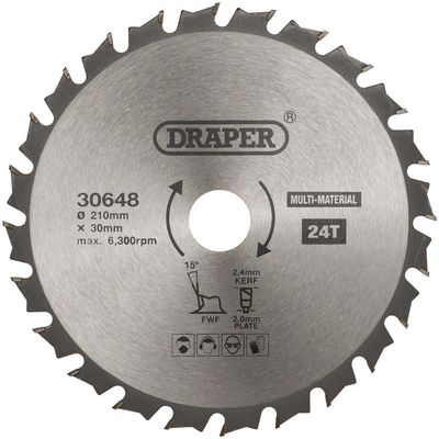 Draper TCT Multi-Purpose Circular Saw Blade, 210 x 30mm, 24T