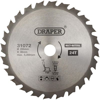 Draper TCT Multi-Purpose Circular Saw Blade, 255 x 30mm, 24T