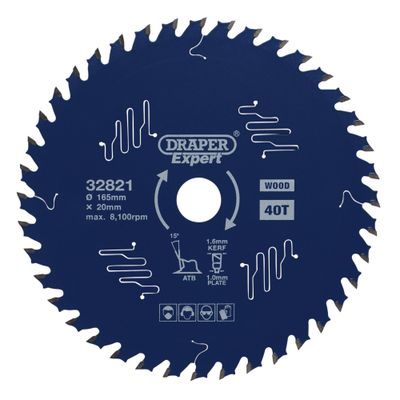 Draper Expert 32821 Tct Circular Saw Blade For Wood With Ptfe Coating 165 X 20Mm 40T each 1