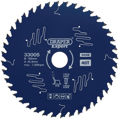Draper Expert PTFE TCT Circular Saw Blade for Wood 185mm 40T 25.4mm
