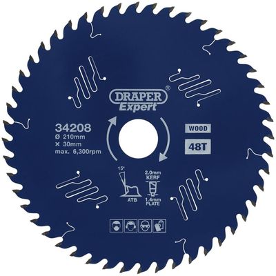 Draper Expert PTFE TCT Circular Saw Blade for Wood 210mm 48T 30mm