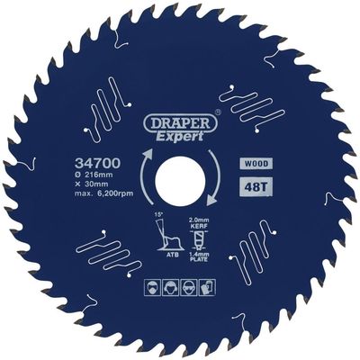 Draper Expert PTFE TCT Circular Saw Blade for Wood 216mm 48T 30mm