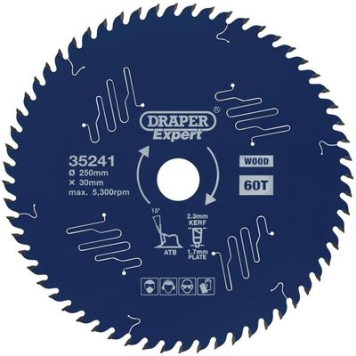 Draper Expert PTFE TCT Circular Saw Blade for Wood 250mm 60T 30mm