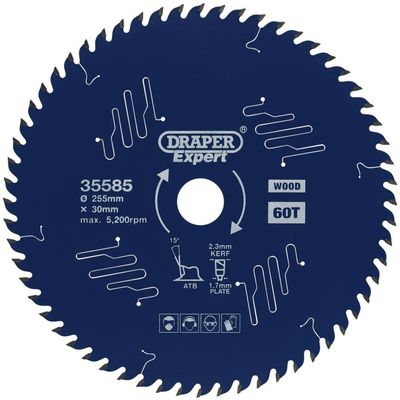 Draper Expert PTFE TCT Circular Saw Blade for Wood 255mm 60T 30mm