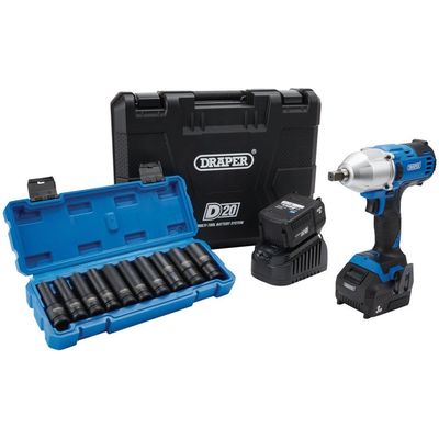 Draper D20 20V Brushless Mid-Torque Impact Wrench Kit, 1/2" Sq. Dr. & Metric Deep Impact Socket Set (10 Piece)