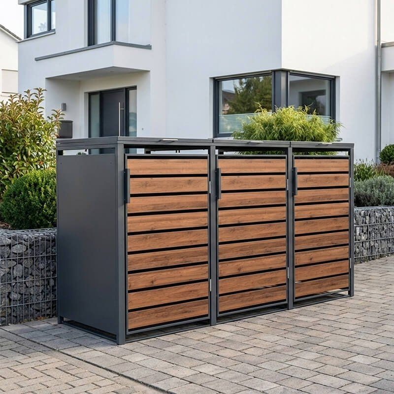 Trimetals Triple 240L Anthracite Metal & Dark Wood Wheelie Bin Store (2.00m x 0.80m) - Image 1