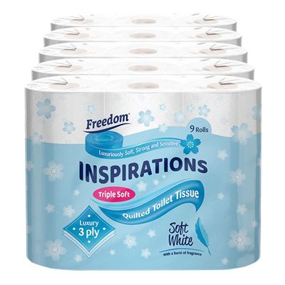 Freedom Quilted Toilet Tissue Soft White Luxury 3Ply Toilet Roll 45 Loo Rolls