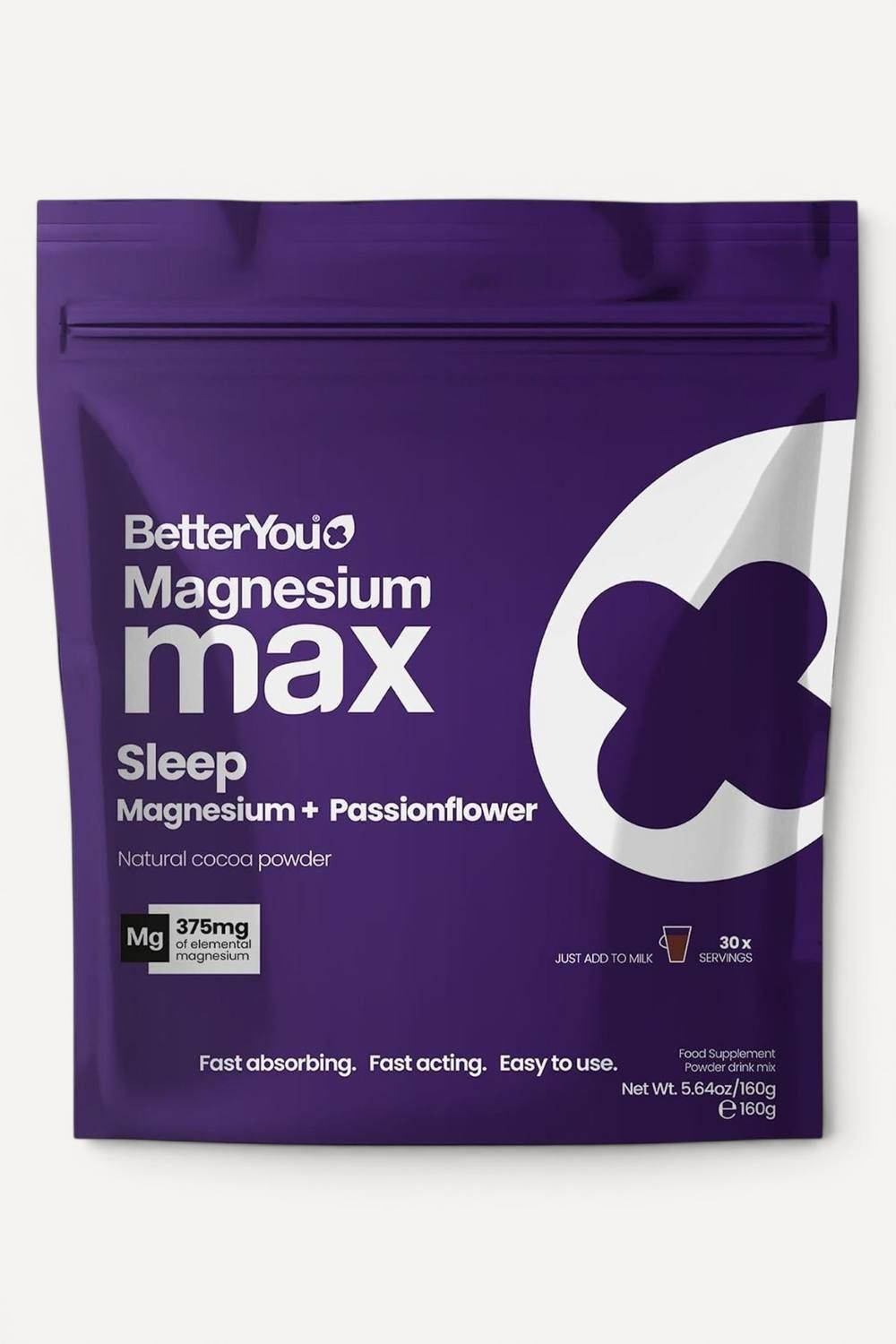 BetterYou Magnesium Max Powder magnesium supplement cocoa flavour 160g in Purple | Size: 152g - Image 1