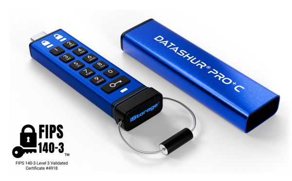 iStorage datAshur PRO+C 32GB | FIPS 140-3 Level 3 Certified | Secure USB Type-C drive | AES-XTS 256-bit Hardware Encryption | PIN protected | Type C-A adapter included