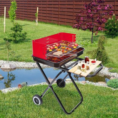 Outsunny Foldable Barbecue Grill with Wheels - Black and Red