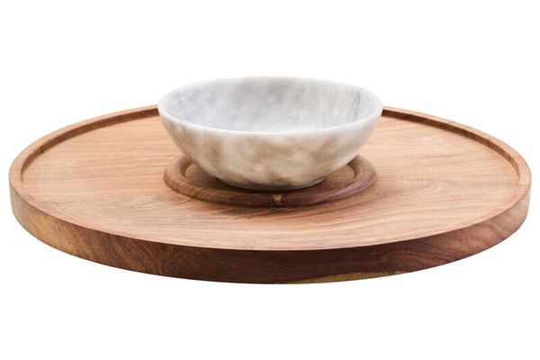 Kora Acacia Wood And White Marble Chip And Dip Platter - Brown