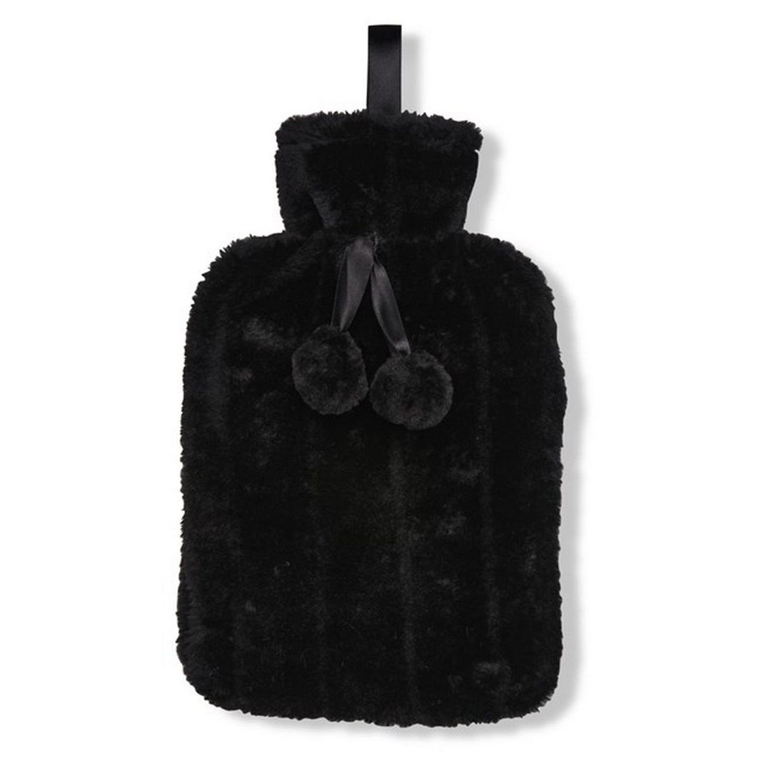 Ribbon Classic Faux Fur Hot Water Bottle Cover in Black - Image 1