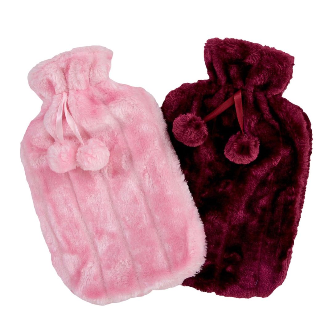 K Collection Pom Pom 2L Hot Water Bottle & Cover Pack of 2 in Pink - Image 1
