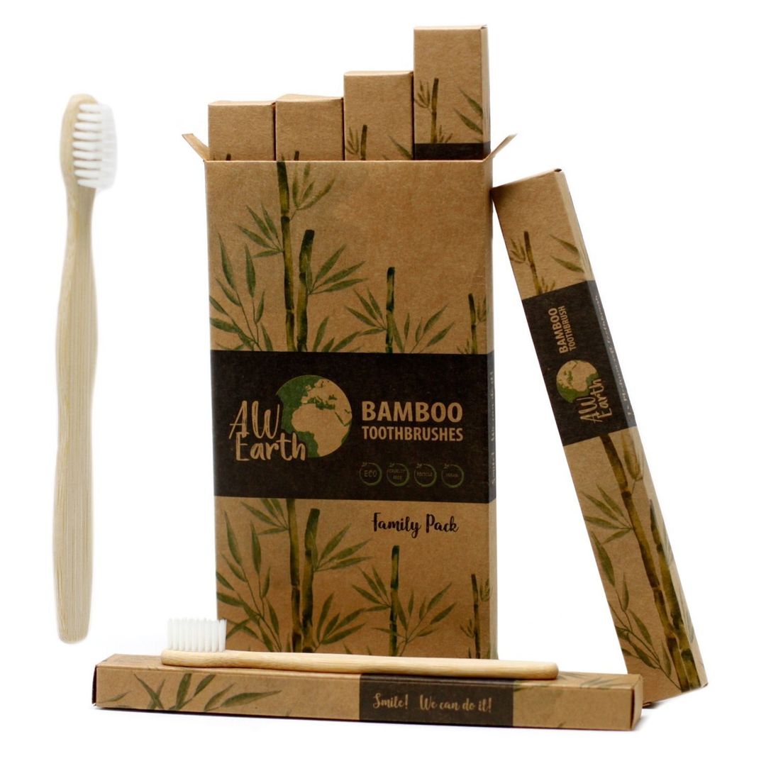 Bamboo Toothbrush White Family Pack of 4 Small and Medium Soft - Brown - Image 1
