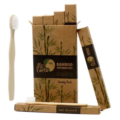 Bamboo Toothbrush White Family Pack of 4 Small and Medium Soft - Brown