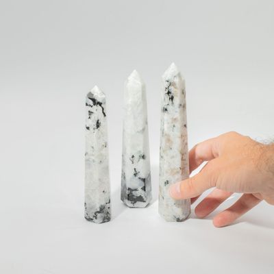 Rainbow Moonstone Six Face Obelisk Point 17cm Statement - White