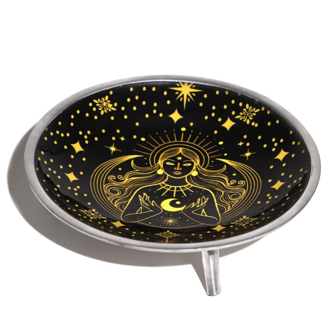 Triple Leg Enamel Offering Plate Gold Goddess Black Star - Black - Image 1