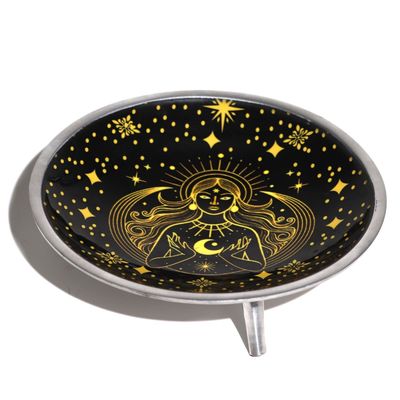 Triple Leg Enamel Offering Plate Gold Goddess Black Star - Black