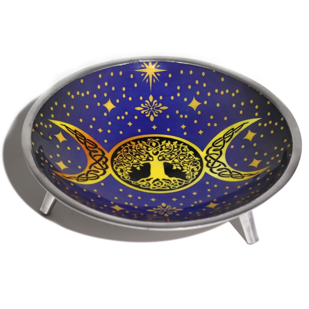 Purple Triple Moon Enamelled Offering Plate with Tree of Life - Navy - Image 1