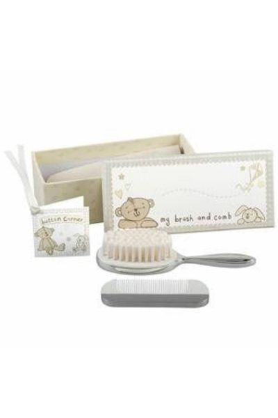 KDMD Button Corner Silverplated Brush & Comb Set in Silver