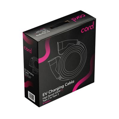 Cord EV Charging Cable Type 2 to Type 2 Three Phase Cable 230v 22kw 5 Metre - Black