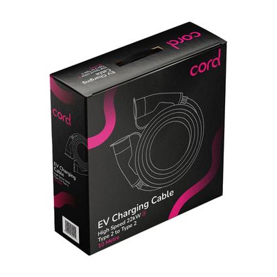 Cord EV Charging Cable Type 2 to Type 2 Three Phase Cable 230v 22kw 10 Metre - Black